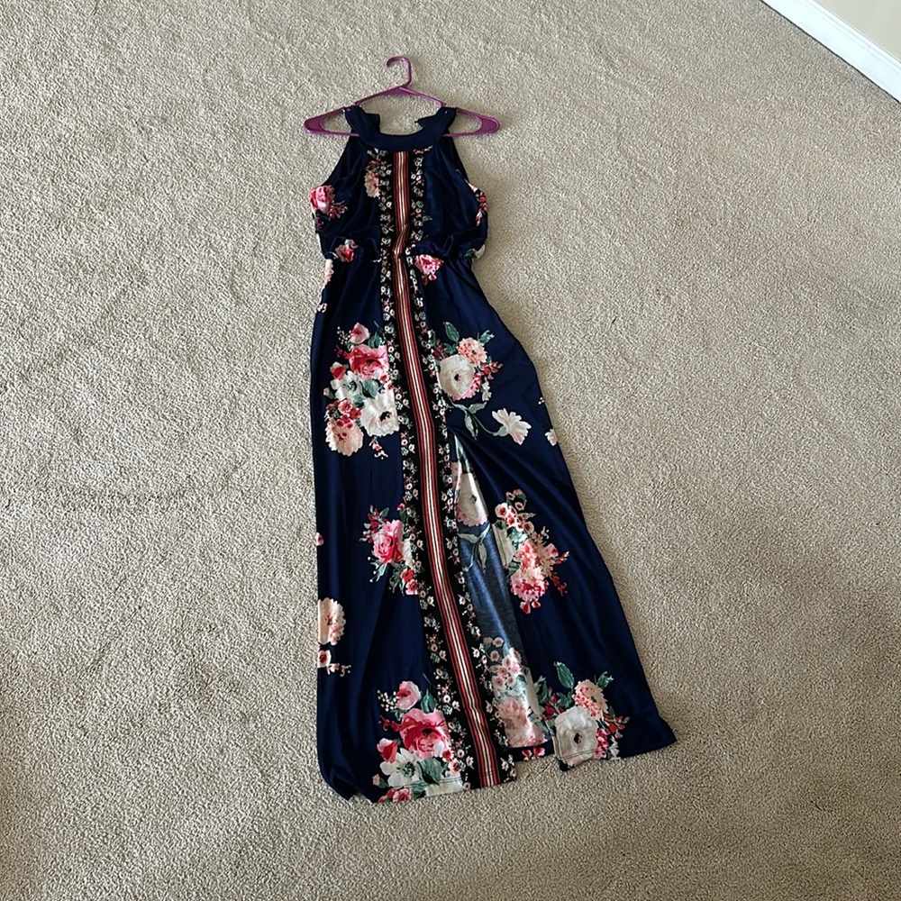 Long blue floral dress with slit